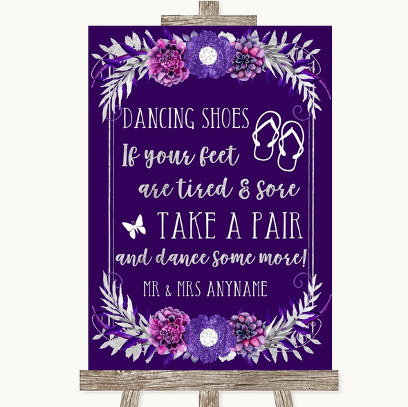 Purple & Silver Dancing Shoes Flip Flops Personalised Wedding Sign