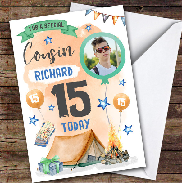 Camping Outdoors Photo Cousin 15th Teenager Custom Personalised Birthday Card