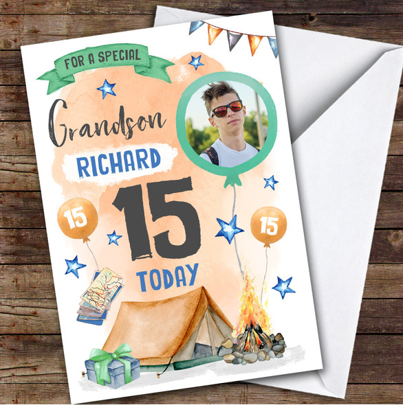 Camping Outdoors Photo Grandson 15th Teenager Boys Personalised Birthday Card