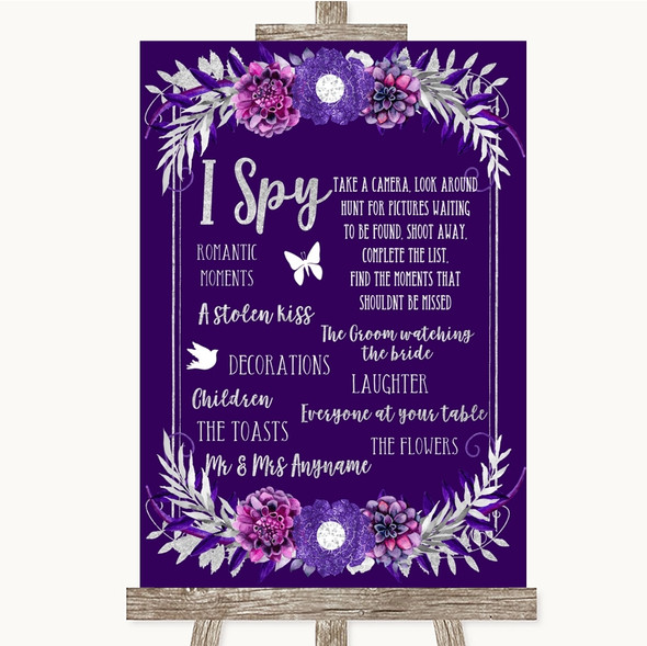 Purple & Silver I Spy Disposable Camera Personalised Wedding Sign