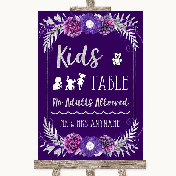 Purple & Silver Kids Table Personalised Wedding Sign