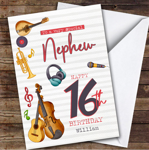 Nephew 16th Music Instruments Teenager Boys Custom Personalised Birthday Card