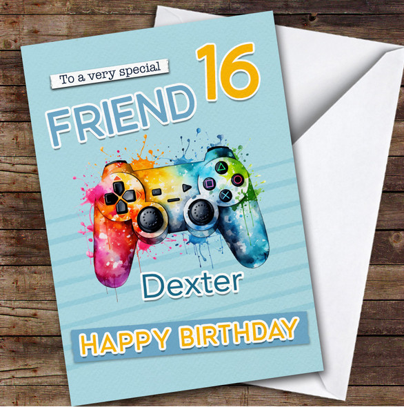 Friend 16th Gamepad Splash Gamer Teenager Custom Personalised Birthday Card