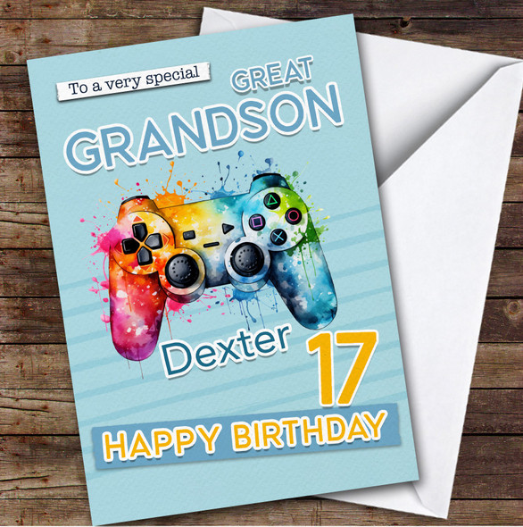 Great Grandson 17th Gamepad Splash Gamer Teenage Boys Personalised Birthday Card