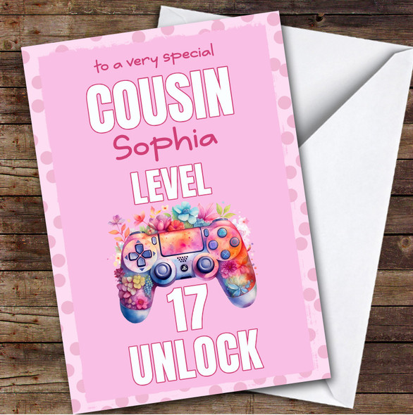 Cousin 17th Pink Girl Gamer Gaming Pad Teenager Personalised Birthday Card