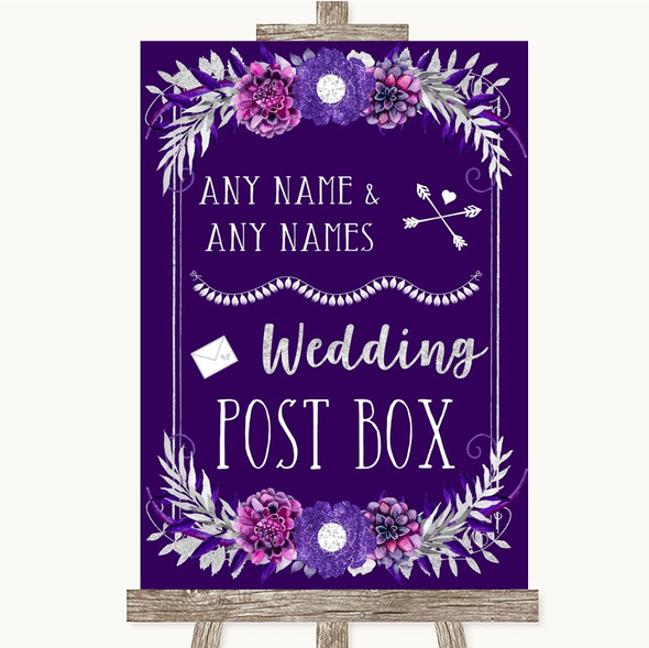 Purple & Silver Card Post Box Personalised Wedding Sign