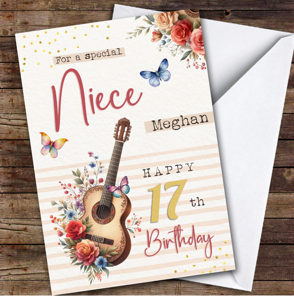 Niece 17th Floral Guitar Teenager Custom Personalised Birthday Card