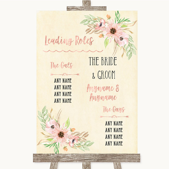 Blush Peach Floral Who's Who Leading Roles Personalised Wedding Sign