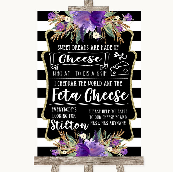 Black & White Stripes Purple Cheeseboard Cheese Song Personalised Wedding Sign