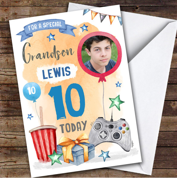 Boy's Gaming Online Video Gamer Photo Grandson 10th Birthday Personalised Card