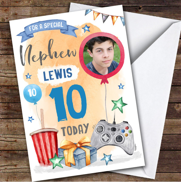 Boy's Gaming Online Video Gamer Photo Nephew 10th Birthday Personalised Card