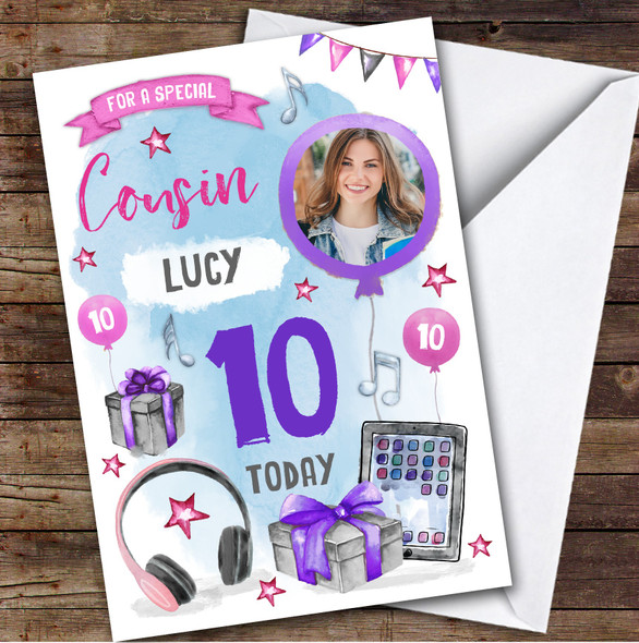 Boy's Music Headphones Online Photo Cousin 10th Birthday Personalised Card