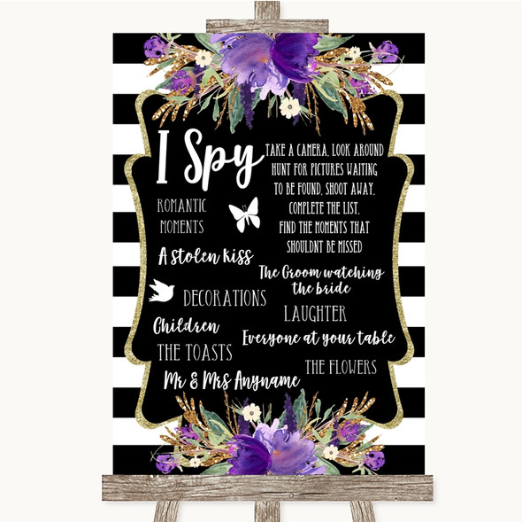 Black & White Stripes Purple I Spy Disposable Camera Personalised Wedding Sign