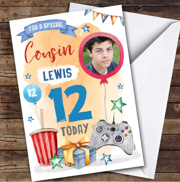 Boy's Gaming Online Video Gamer Photo Cousin 12th Birthday Personalised Card