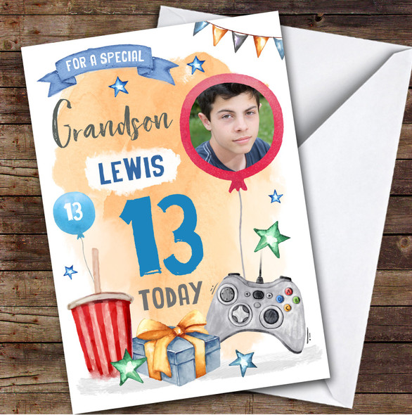Boy's Gaming Online Video Gamer Photo Grandson 13th Birthday Personalised Card