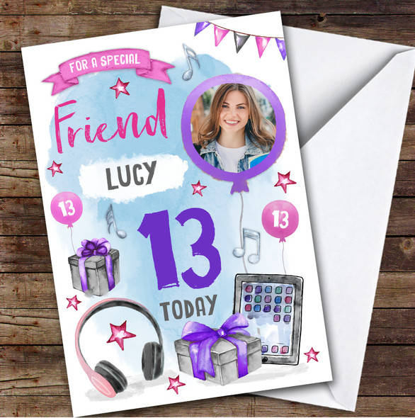 Boy's Music Headphones Online Photo Friend 13th Birthday Personalised Card