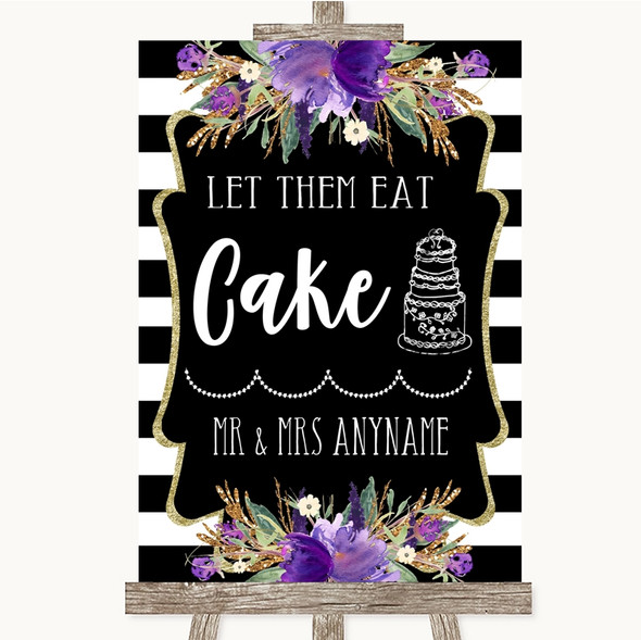 Black & White Stripes Purple Let Them Eat Cake Personalised Wedding Sign