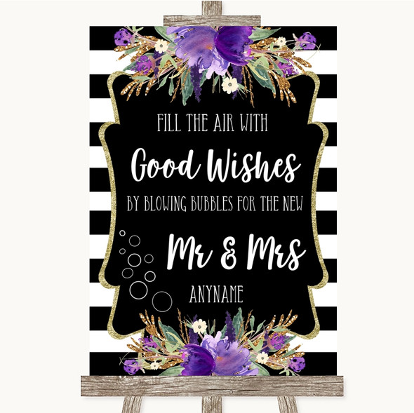 Black & White Stripes Purple Blow Bubbles Personalised Wedding Sign