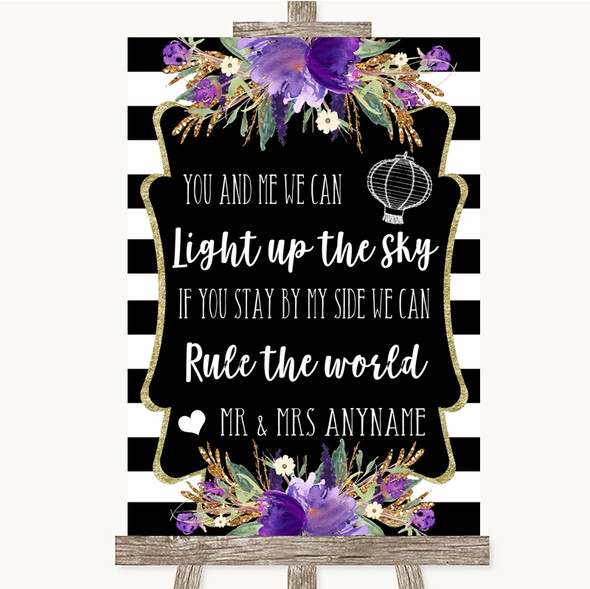 Black & White Stripes Purple Light Up The Sky Rule The World Wedding Sign