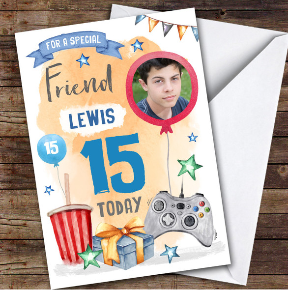 Boy's Gaming Online Video Gamer Photo Friend 15th Birthday Personalised Card