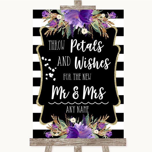 Black & White Stripes Purple Petals Wishes Confetti Personalised Wedding Sign