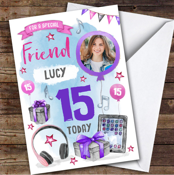 Boy's Music Headphones Online Photo Friend 15th Birthday Personalised Card