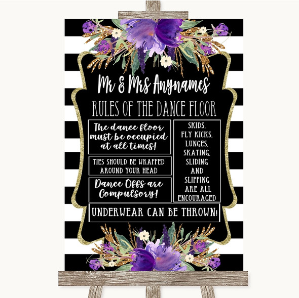 Black & White Stripes Purple Rules Of The Dance Floor Personalised Wedding Sign