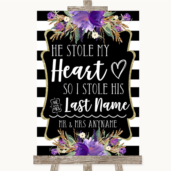 Black & White Stripes Purple Stole Last Name Personalised Wedding Sign