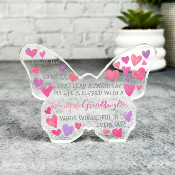 Gift For Beautiful Granddaughter Pink Heart Butterfly Plaque Keepsake Gift