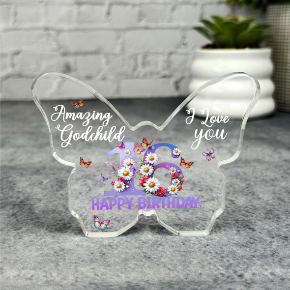 Godchild 16th Happy Birthday Present Floral Butterfly Plaque Keepsake Gift