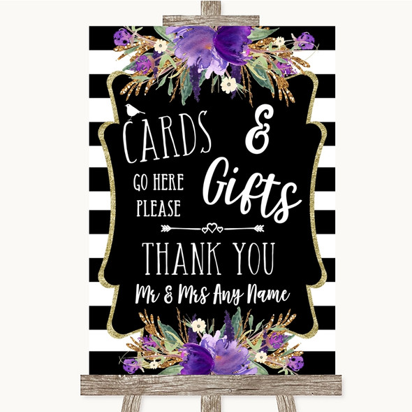 Black & White Stripes Purple Cards & Gifts Table Personalised Wedding Sign