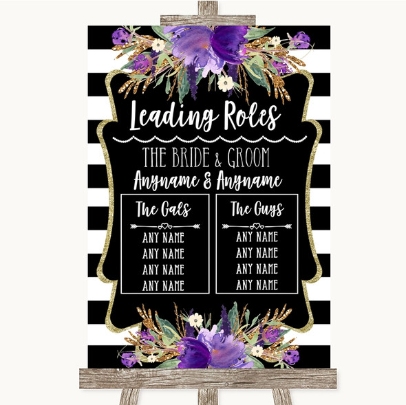 Black & White Stripes Purple Who's Who Leading Roles Personalised Wedding Sign