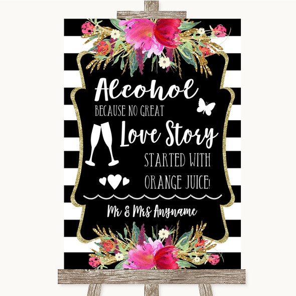 Black & White Stripes Pink Alcohol Bar Love Story Personalised Wedding Sign