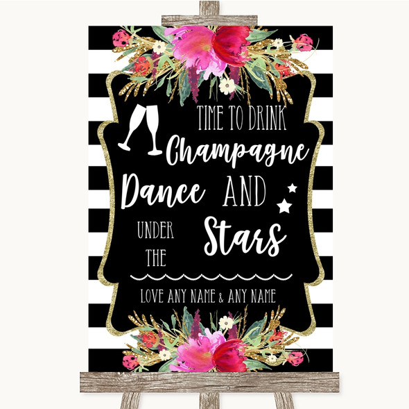 Black & White Stripes Pink Drink Champagne Dance Stars Personalised Wedding Sign