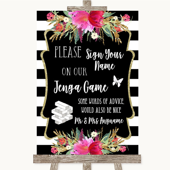 Black & White Stripes Pink Jenga Guest Book Personalised Wedding Sign