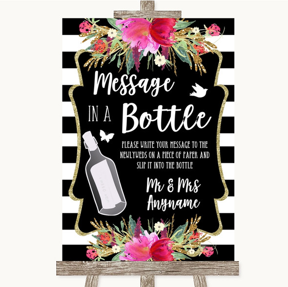 Black & White Stripes Pink Message In A Bottle Personalised Wedding Sign