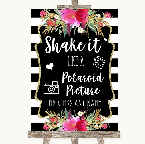 Black & White Stripes Pink Polaroid Picture Personalised Wedding Sign