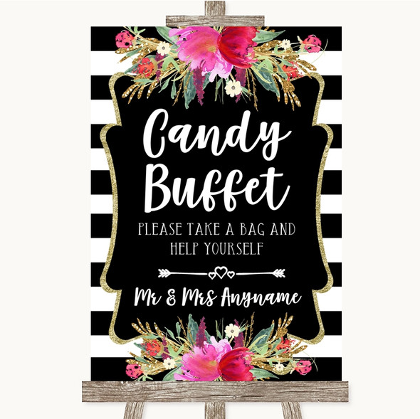 Black & White Stripes Pink Candy Buffet Personalised Wedding Sign