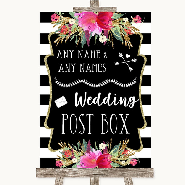 Black & White Stripes Pink Card Post Box Personalised Wedding Sign