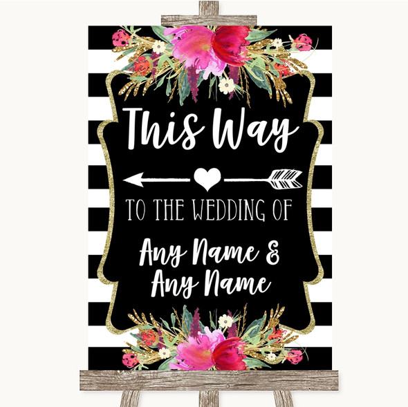 Black & White Stripes Pink This Way Arrow Left Personalised Wedding Sign