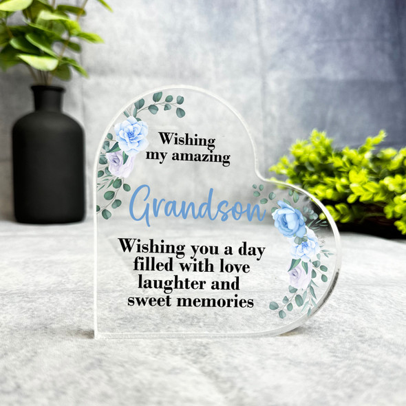 Grandson Blue Floral Happy Birthday Present Heart Plaque Keepsake Gift