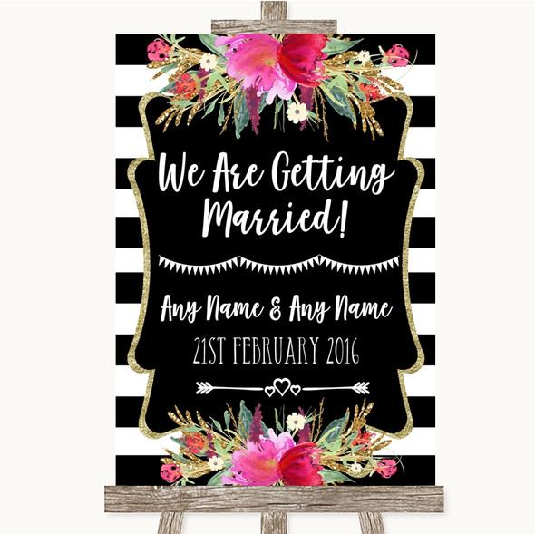 Black & White Stripes Pink We Are Getting Married Personalised Wedding Sign