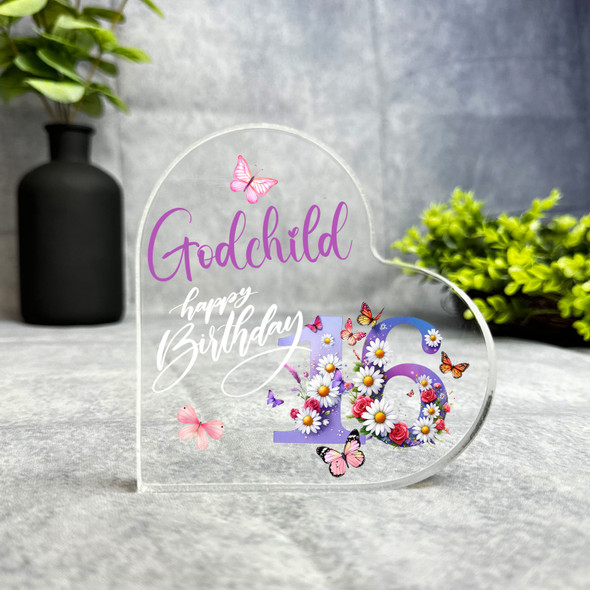 Godchild 16th Purple Floral Birthday Present Heart Plaque Keepsake Gift