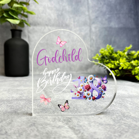 Godchild 18th Birthday Present Purple Floral Heart Plaque Keepsake Gift