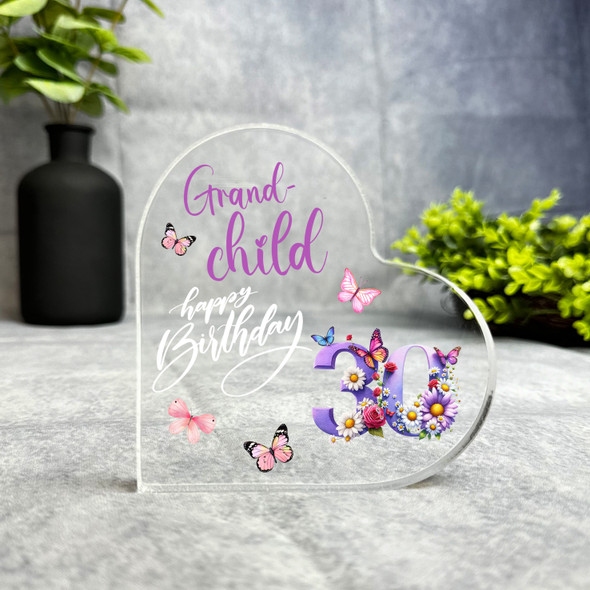 Grandchild 30th Birthday Present Purple Floral Heart Plaque Keepsake Gift