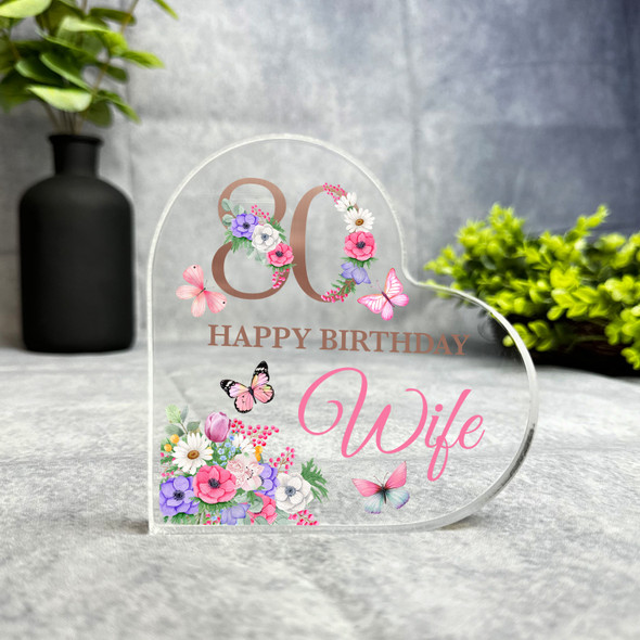 Wife 80th Pink Purple Floral Happy Birthday Present Heart Plaque Keepsake Gift