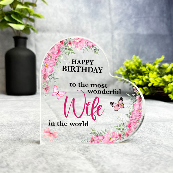 Wife Pink Floral Butterflies Happy Birthday Present Heart Plaque Keepsake Gift