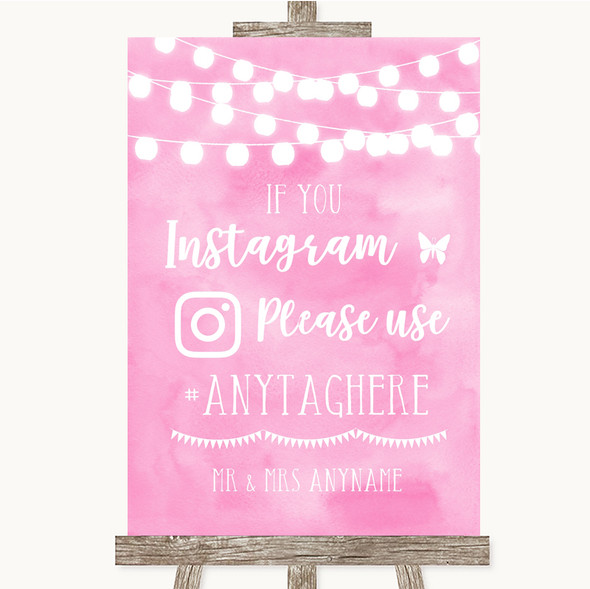 Baby Pink Watercolour Lights Instagram Hashtag Personalised Wedding Sign