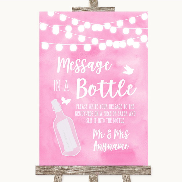 Baby Pink Watercolour Lights Message In A Bottle Personalised Wedding Sign