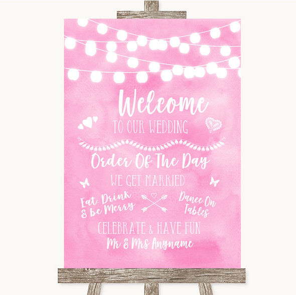 Baby Pink Watercolour Lights Welcome Order Of The Day Personalised Wedding Sign